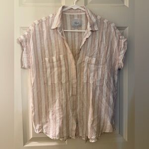 Rails Cito Linen Blend Striped Button Down Short Sleeve Top, White/Tan, Small
